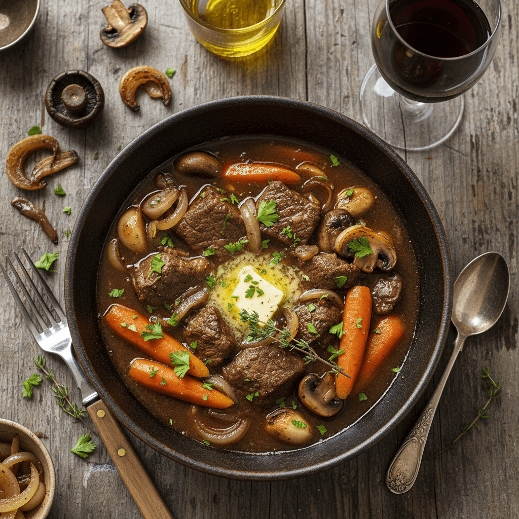 Långkokt Högrevsgryta med Karamelliserad Lök och Rostade Champinjoner
